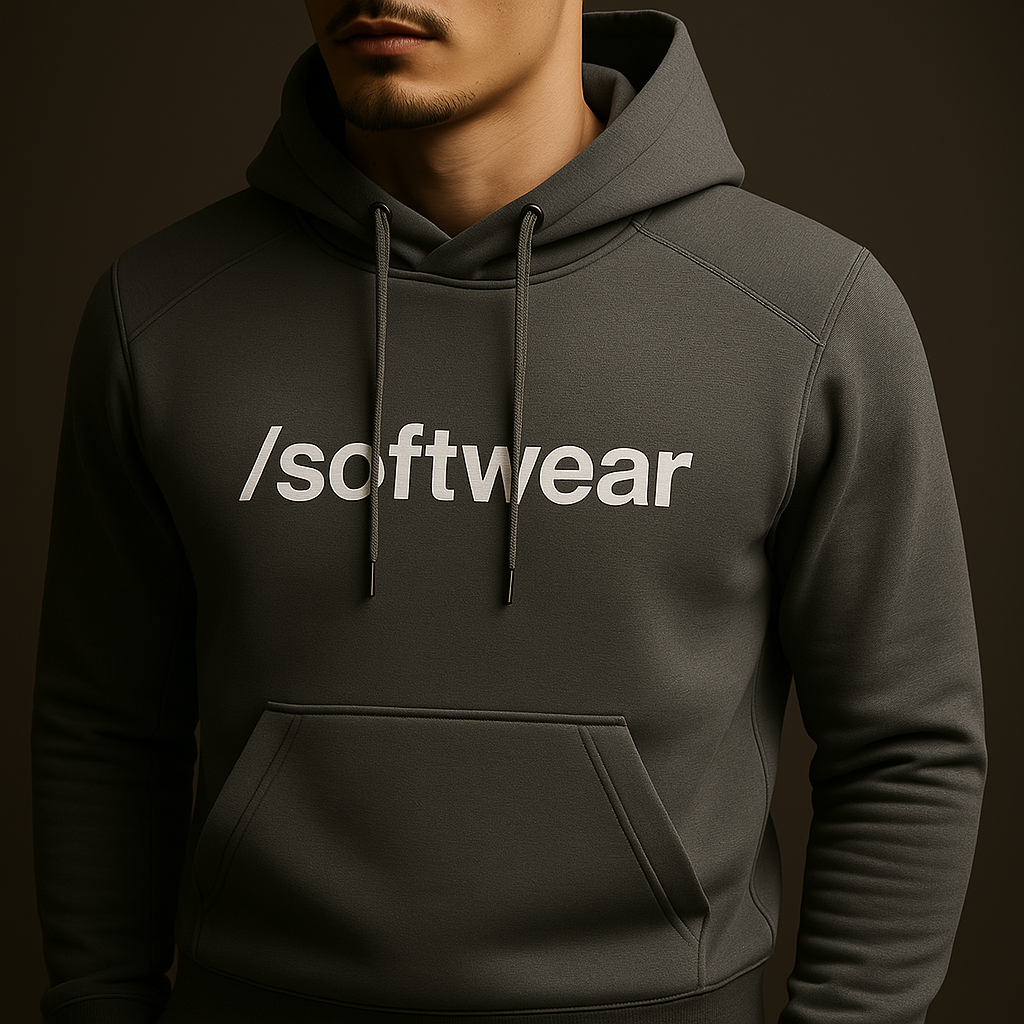 Developer wearing our comfortable organic cotton hoodie with /softwear logo