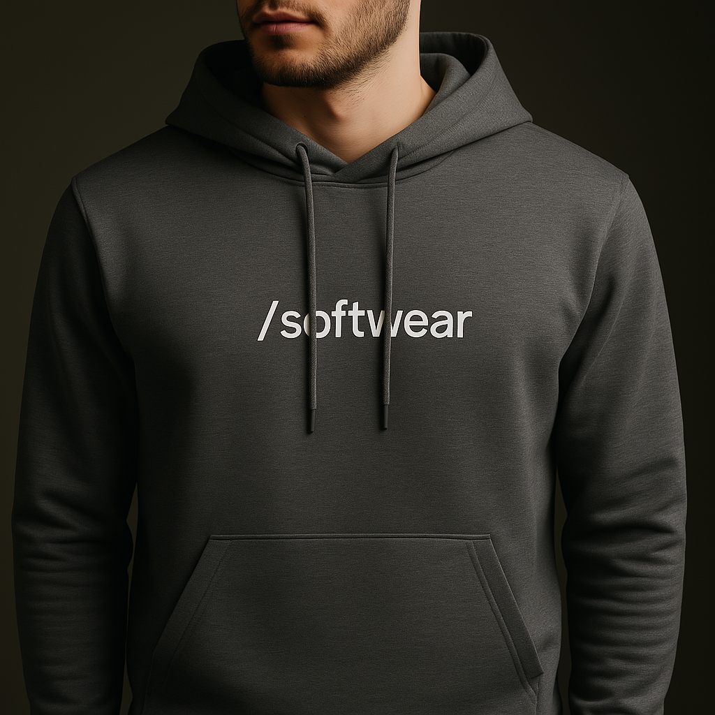 Developer wearing our comfortable organic cotton hoodie with /softwear logo