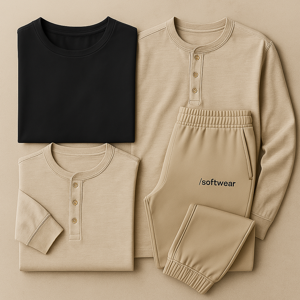 /softwear collection featuring tees, henleys, and sweatpants with the /softwear logo